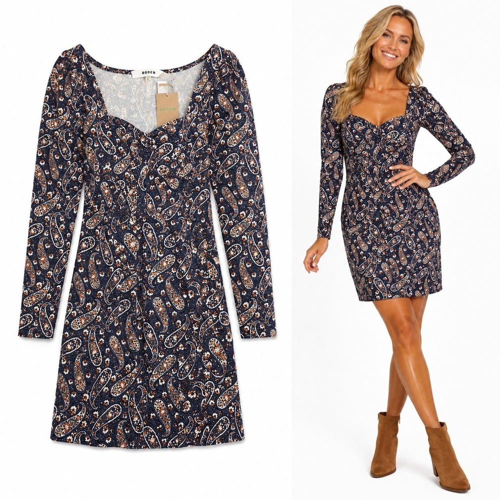 NEW Boden Dress 10 Paisley Sweetheart Jersey Mini Cottagecore Babydoll Navy Blue